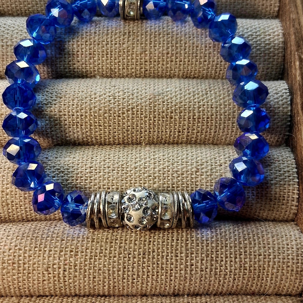 Sparkling Cobalt Blue Crystal Stretch Bracelet with Silver Accents